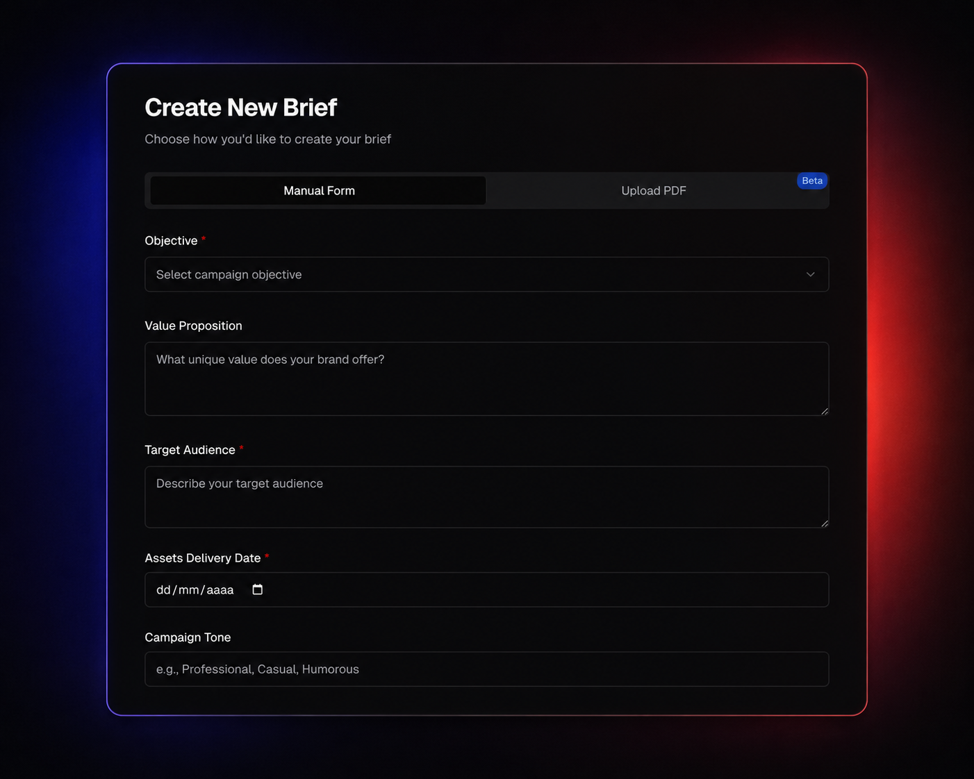Create New Brief form