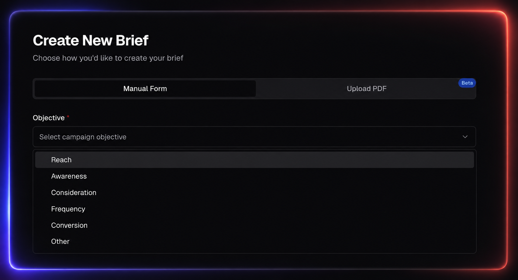 Campaign objective selector in the brief form
